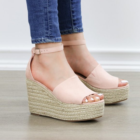 Blush Faux Suede Wedge Peep Toe Espadrille Sandal - Picture 2 of 8
